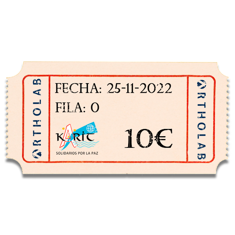Entrada de color crema, con texto "Fila 0, fecha '25-11-2022'" y el logo de Karit, a un precio de 10€